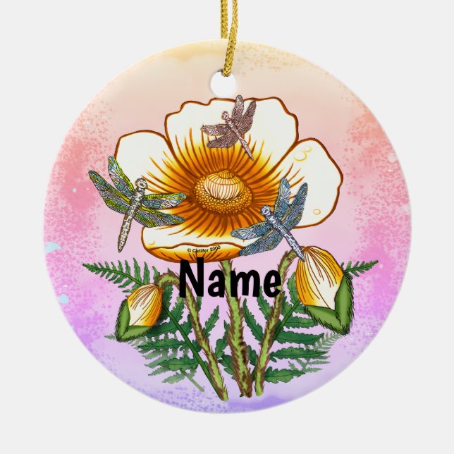 Dragonfly Yellow Poppy Ceramic Ornament (Front)