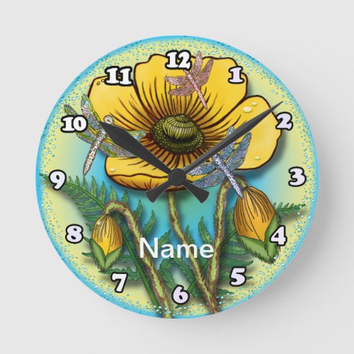 Dragonfly yellow Poppy flowers Round Clock
