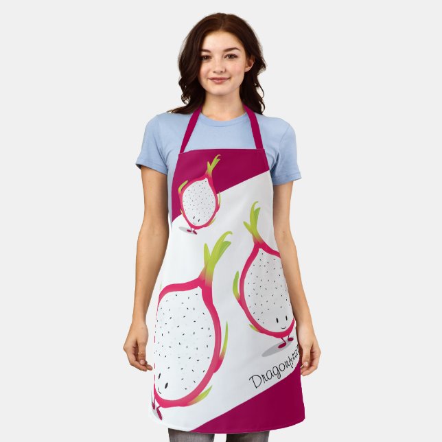 Dragonfruit Pink White Smiling Cartoon Food Apron (Worn)