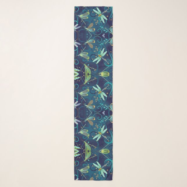 Dragongflies Teal Long Chiffon Scarf (Front)