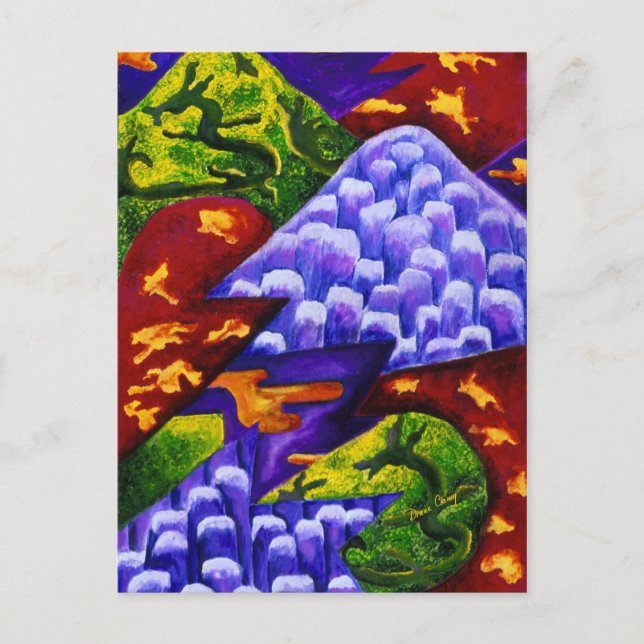 Dragonland, Abstract Green Dragons, Blue Mountains Postcard (Front)