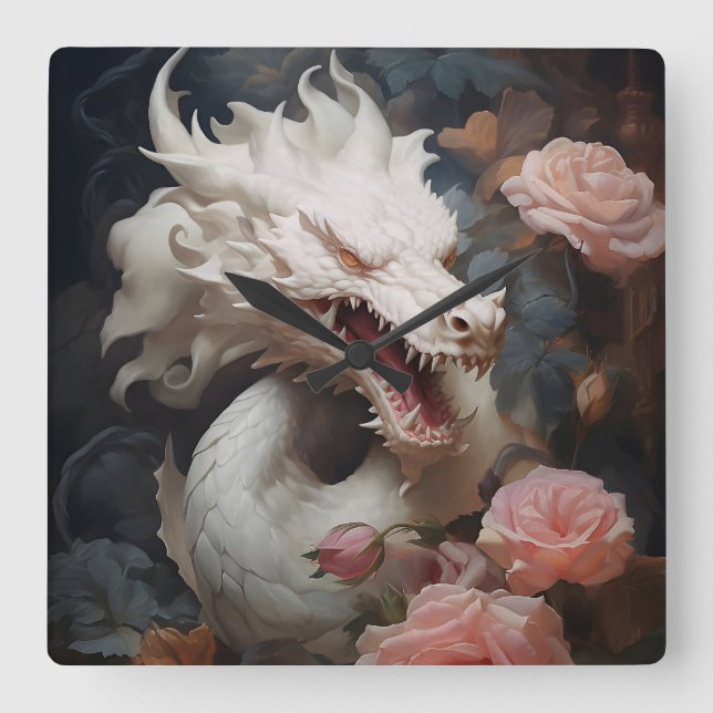 "Dragons and roses" Square Wall Clock (Front)