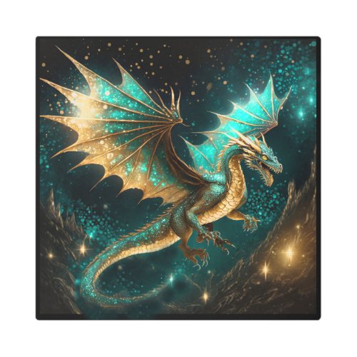 Dragons Are Real Teal Gold ID1005 Metal Print