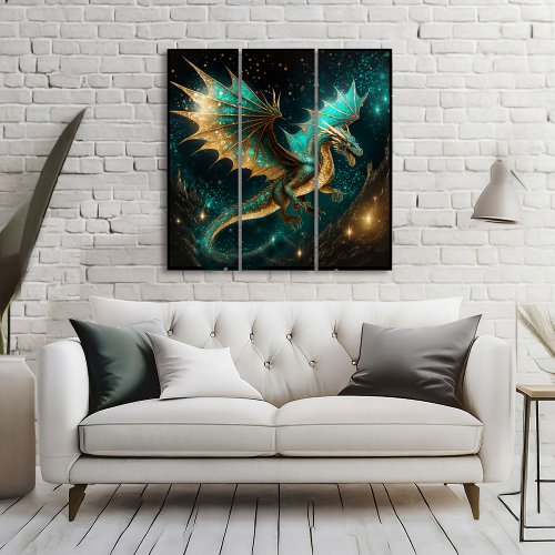 Dragons Are Real Teal Gold ID1005 Triptych