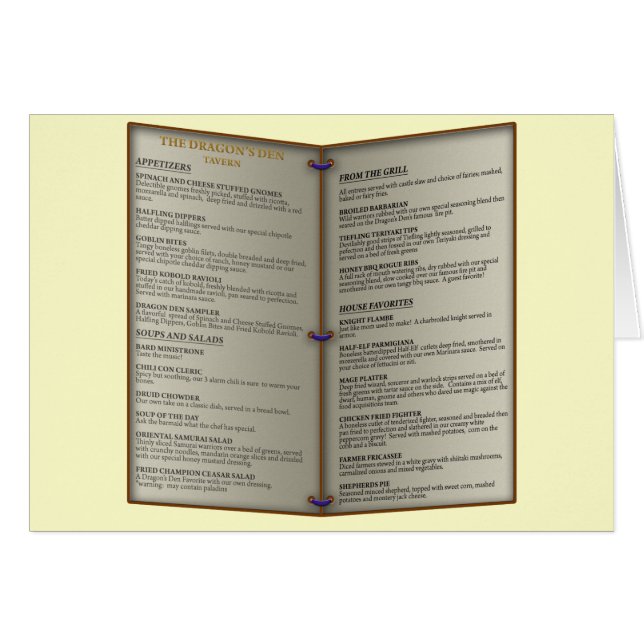 Dragon's Den Tavern Menu Cards (Front Horizontal)