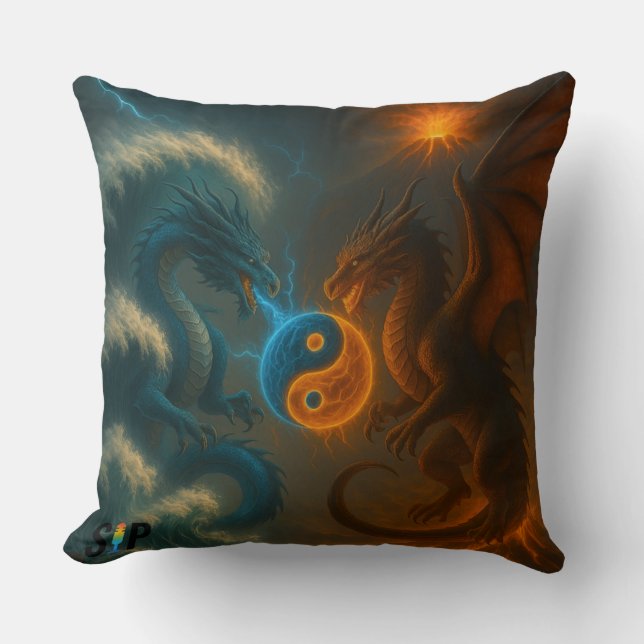 Dragons - Fire and Water in Eternal Duel Throw Pillow (Front)
