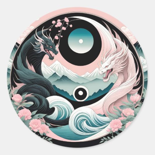 Dragons Floral Mountain Pink Sage Teal Classic Round Sticker