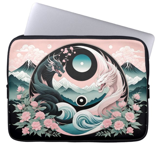 Dragons Floral Mountain Pink Sage Teal Laptop Sleeve (Front)