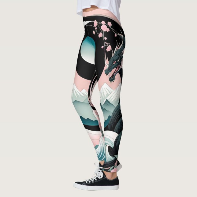 Dragons Floral Mountain Pink Sage Teal Leggings (Left)