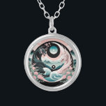 Dragons Floral Mountain Pink Sage Teal Silver Plated Necklace<br><div class="desc">Black and White yin yang inspired,  Pale pink and sage green with a hint of teal,   floral mountain landscape

AI generated art by minx267</div>