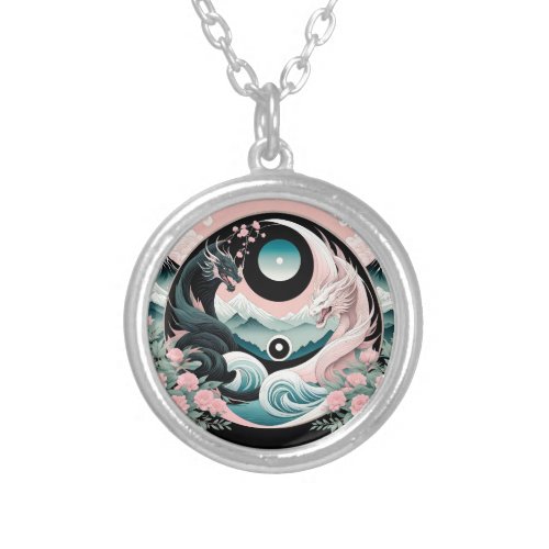 Dragons Floral Mountain Pink Sage Teal Silver Plated Necklace