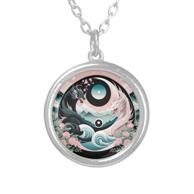 Dragons Floral Mountain Pink Sage Teal Silver Plated Necklace (Front)