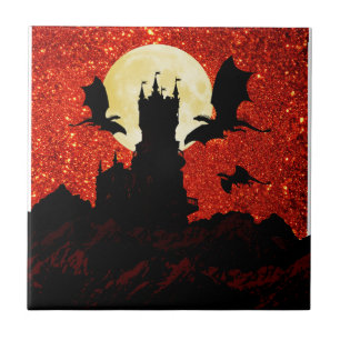 Dragons flying, cliff castle, full moon, sunrise ceramic tile