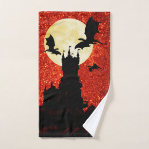 Dragons flying, cliff castle, full moon, sunrise hand towel