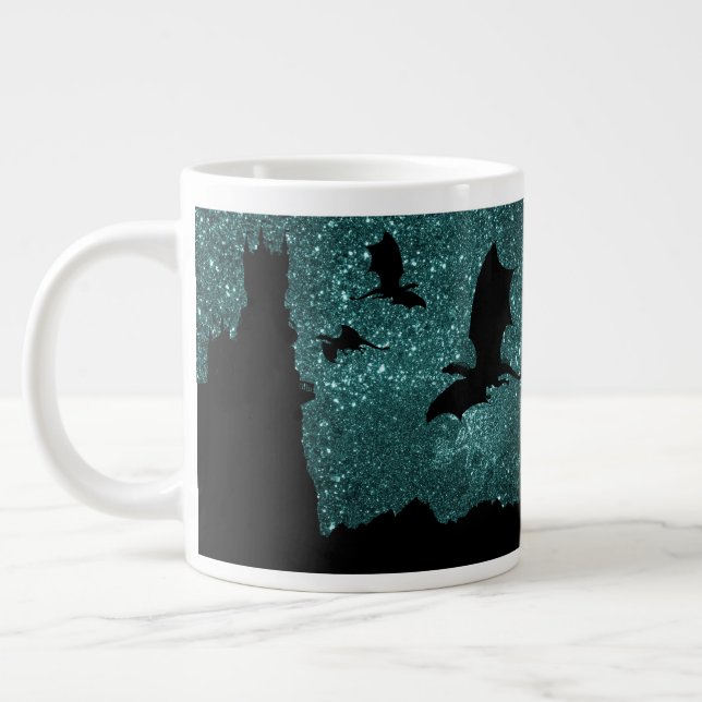 Dragons flying, Dawn/Dusk stary sky cliff castle Giant Coffee Mug (Left)