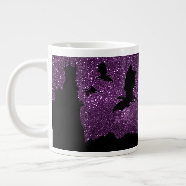 Dragons flying, Fantasy purple sky cliff castle Giant Coffee Mug (Left)