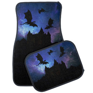 Dragons flying, midnight starry sky dragon castle car floor mat