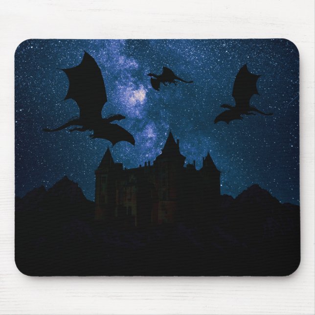 Dragons flying, midnight starry sky dragon castle mouse pad (Front)