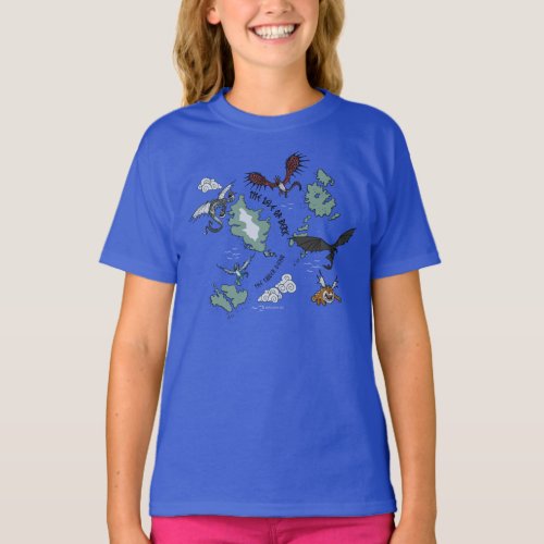 Dragons Flying Over Map Pattern T_Shirt