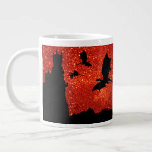 Dragons flying,  Sunrise/sunset sky cliff castle Giant Coffee Mug