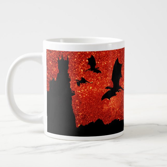 Dragons flying,  Sunrise/sunset sky cliff castle Giant Coffee Mug (Left)