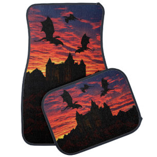Dragons flying, sunrise/sunset sky dragon castle car floor mat