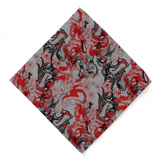 Dragons Grungy Abstract Art Red Black Grey Bandana (Front)