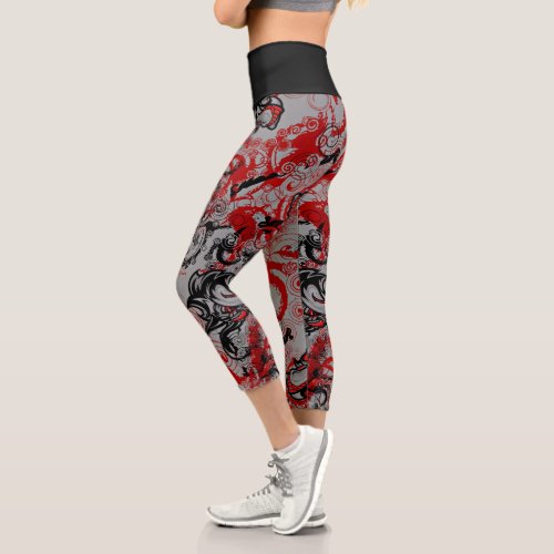 Dragons Grungy Abstract Art Red Black Grey Capri Leggings