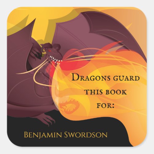 Dragons Guard This Book Fire Purple Red Bookplate