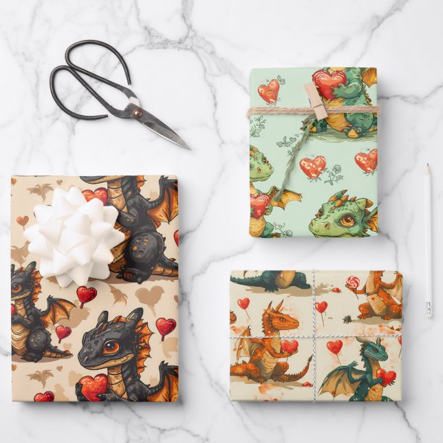 Dragons Holding Hearts Valentine's Day Wrapping Paper Sheets (Front)