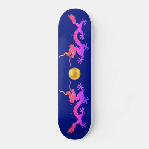 Dragons in pink red and blue shades on blue skateboard