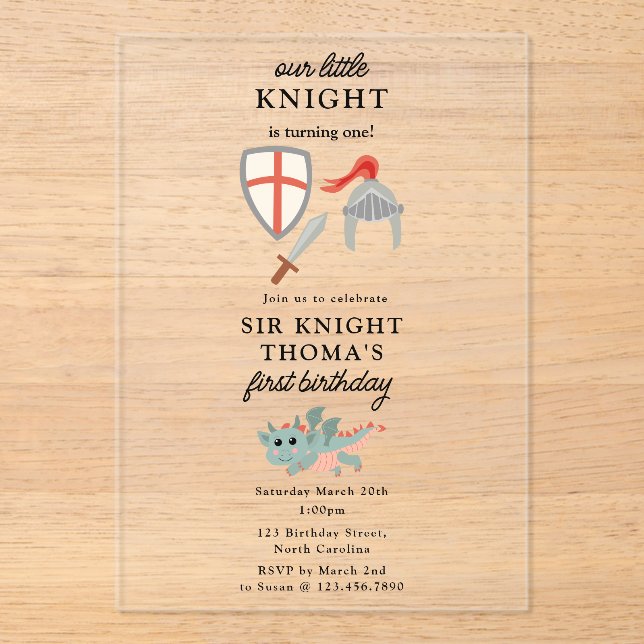 Dragons Knights Fairytale Medieval Castle Birthday Acrylic Invitations (Front)