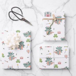 Dragons Knights Fairytale Medieval Castle Wrapping Paper Sheets