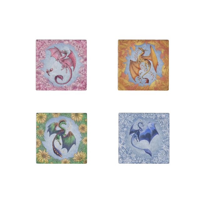 "Dragons of the Four Seasons" Fantasy Art Stone Magnet (Front)