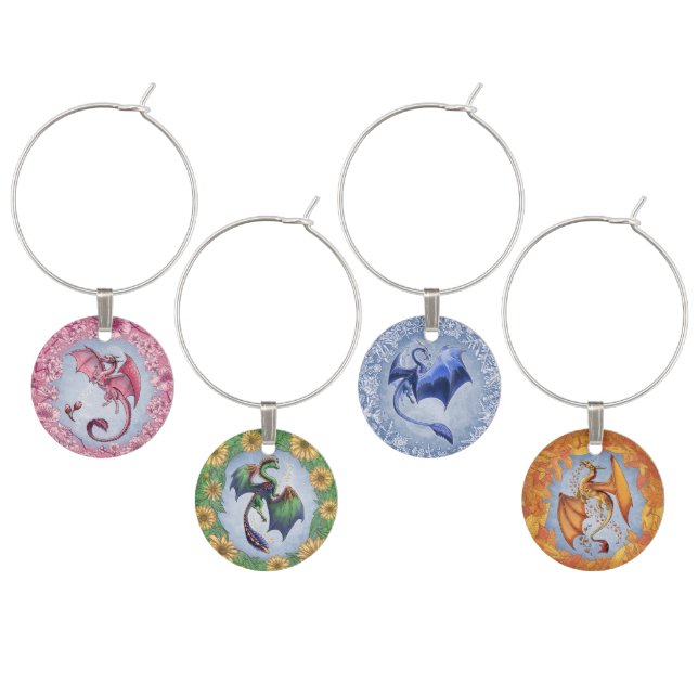 "Dragons of the Four Seasons" Fantasy Art Wine Charm (Staggered)