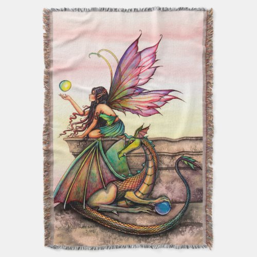 Dragons Orbs Fairy and Dragon Art Throw Blanket