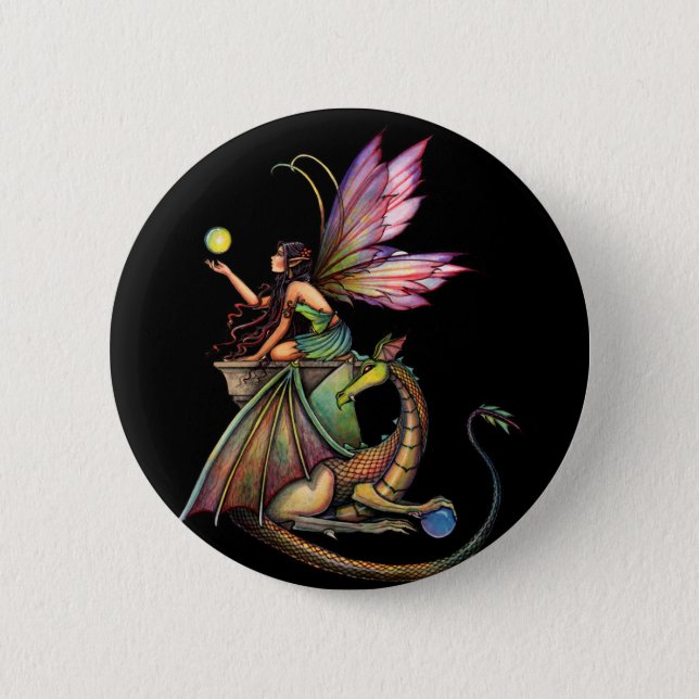 Dragon's Orbs Fairy and Dragon by Molly Harrison Pinback Button (Front)
