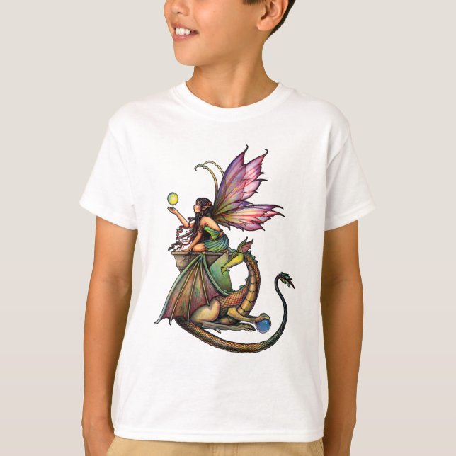 Dragon's Orbs Fairy and Dragon by Molly Harrison T-Shirt (Front)