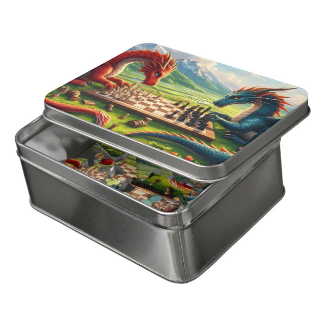 Dragons Playing Chess on Sunday Afternoon Jigsaw Puzzle (Lid Open)