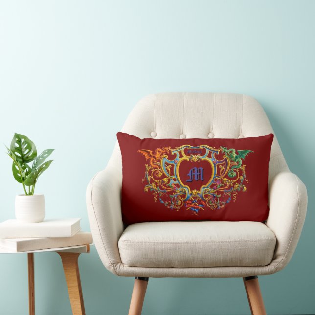 Dragons Rococo Cartouche Name & Monogram Lumbar Pillow (Chair)