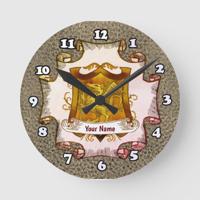 Dragons Shield  Family Crest Surname  Round Clock (Front)