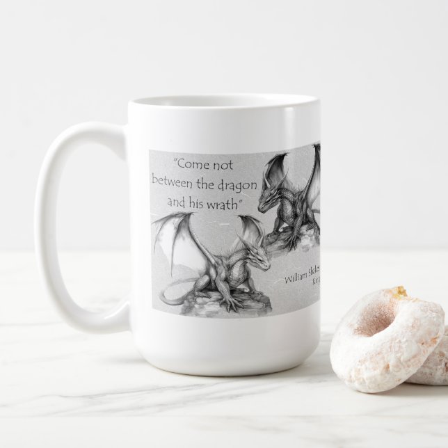 Dragons with King Lear quote grey, black,white Mug (With Donut)