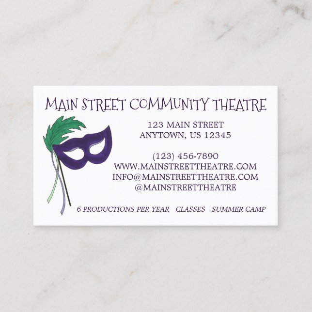 Drama Club Mask Community Theatre Theater Arts Business Card (Front)