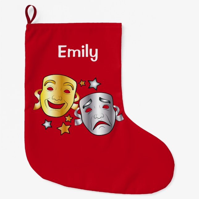 Drama Masks Gold and Silver Name Customizable Large Christmas Stocking (Front)