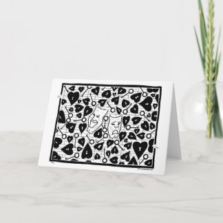 Drama masks, hearts, keys, a maze.  Greeting Card. Card
