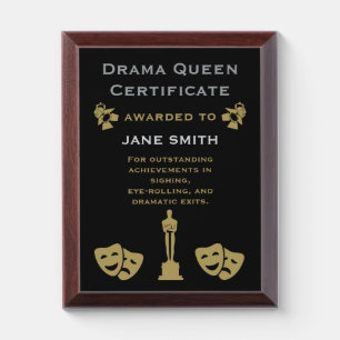 Drama Queen Certificate Award Plaque