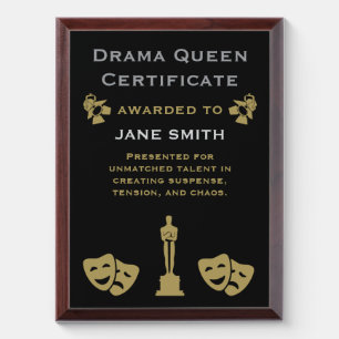 Drama Queen Certificate Award Plaque