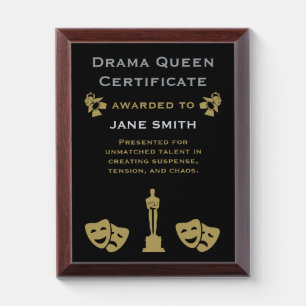 Drama Queen Certificate Award Plaque