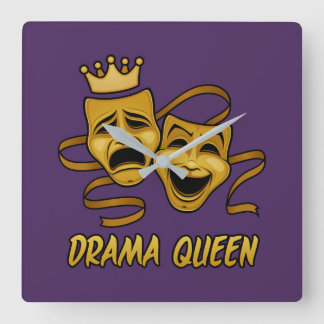 Drama Queen Comedy And Tragedy Gold Theater Mask Square Wall Clock