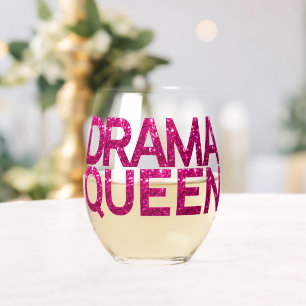 Drama Queen Hot Pink Glitter Stemless Wine Glass
